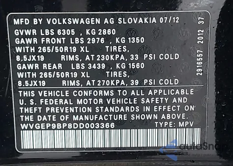 2013 Volkswagen Touareg Tdi Lux z USA, uszkodzony, nr VIN WVGEP9BP8DD003366